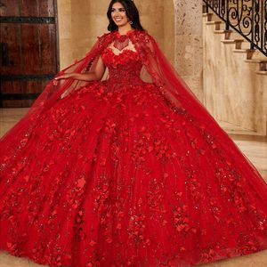 Glänsande röda quinceanera -klänningar med Cape 3D Flower -applikationer Vestidos de 15 Anos Sweetheart Ball Gown Junior Girls Birthday Party Dress