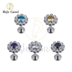 Ombelico Bell Button Rings Right Grand ASTM 36 Implant Grade 16G Flower Claw Setting Zircon Labret Helix Cartilage piercing Jewelry 230628