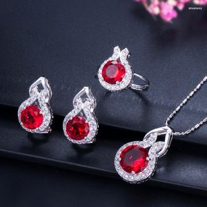 Necklace Earrings Set ThreeGraces Fashion Red Cubic Zirconia Stone Small Stud Ring Necklack For Women Chic Daily Prom Dress Jewelry JS580