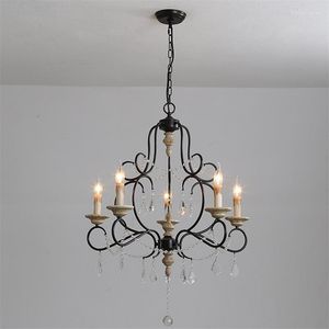 Chandeliers American Country Vintage Crystal Lamp 5 Lights Antique Solid Wood E14 Candle Light Fixtures For Living Room Kitchen