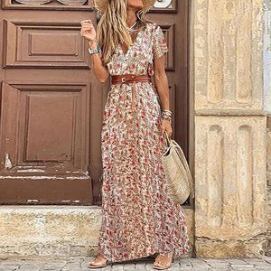 Grundläggande casual klänningar kvinnor Boho blommig klänning Summer V Neck Kort ärm Paisley Tryckt Belt Ladies Beach Party Big Hem Maxi 230629