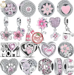 För pandora charms sterling silver pärlor armband rosa blommor tass tryck mamma hjärta söta charmes ciondoli