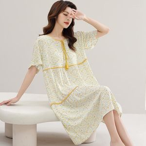 Women's Sleepwear One Size Chemise Nightgown Women Medium Length Nightdress Loose Floral Printed Homewear Necklace Tie Nightwear