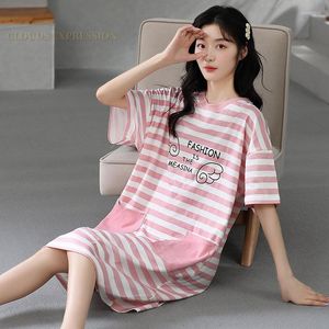 Pijama Feminino Verão Impressão Desenhos Animados Malha Kawaii Meninas Vestido Dormir Camisolas Camisolas Rosa Camisolas Vestidos Femininos Home