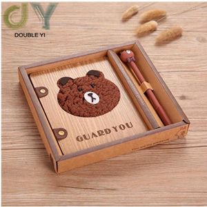 Creative Gift Set Cute Bear Sketchbook Wood Cover Diary Notebook for Girls