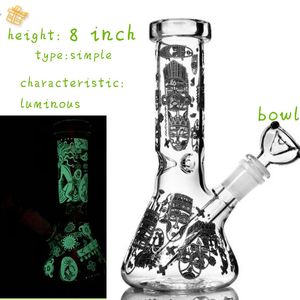 Cachimbos de água que brilham no escuro de 8 polegadas, Dab Rigs Luminous Thick Glass Bong exclusivo de alta qualidade com junta de 14 mm