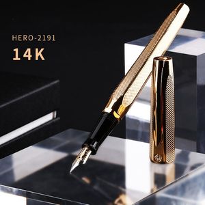 Pens Hero 2191 14K Złota Kolekcja Fontanna Golden Grawerowanie Ripples Dwuhead Medium Nib Pen i pudełko do biura biznesowego