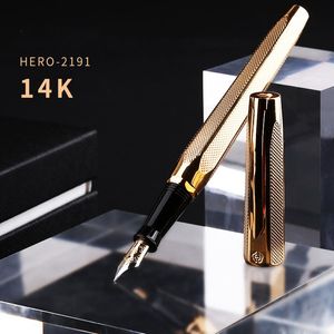 Pennor Hero 2191 14K Gold Collection Fountain Pen Golden Gravering Ripples Twohead Medium NIB Gift PENT PEN and BOX FÖR BUSINESS OFFICE