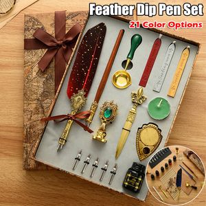 Stamps Antique Feather Dip Pen Ink Set Wax Sealing Stamp Kit Calligraphy Pen Letter Writer Pen Handwriting Feather Pen Wax Seal Stamp 230628