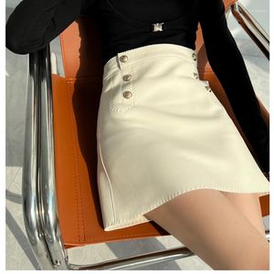 Skirts Fashion Mini Women Handmade Arch Needle High Waist Wrap Leather Etek Khaki/White Double Breasted Metal Button Jupe