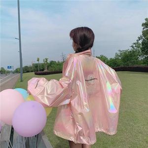 QNPQYX New Summer Fashion Korean Hooded Windbreaker Jacket Breathable Sun Protection Womens Spring Shiny laser Jackets Casual Coat