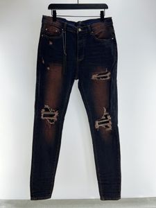 Jeans masculinos estilo vintage, belos buracos, jeans casuais, jeans de grife de luxo