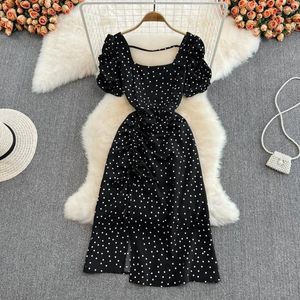 Casual Dresses Holiday Beach Women Dress Summer Sexy Square Collar Puff Sleeve Slim Slit Polka Dots Dreses Female Backless Drawstring