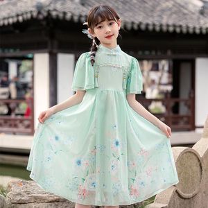 Этническая одежда, летние платья, винтажные Cheongsams для девочек, традиционное китайское шифоновое платье с вышивкой Qipao для детей, костюм Тан, костюмы