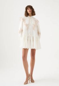 Повседневные платья Женское белое мини-платье с большим кукольным воротником и тяжелой вышивкой с длинным рукавом-фонариком