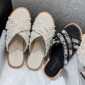 Chinelos 2023 Fairy Guingham Pearl Tassel Cross Band Pano Feminino Chinelos Fora Sapatos Mulher Conta Franja Slip On Slides Tamanho 43