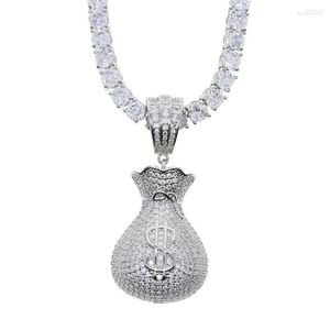 Kedjor Silver Color Money Bag Pendant Necklace With Tennis Rope Chain Iced Out Bling Cubic Zirconia Charm Hip Hop For Men smycken