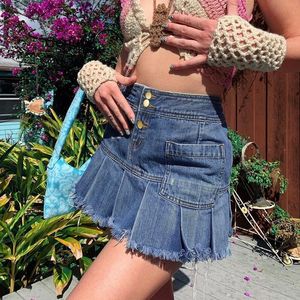 Skirt Jeans High Waist Pleated Zipper Mini Summer 90S Streetwear Bottom Y2K Skinny Blue Skirt 230628