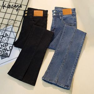 Sukienki swobodne guziki chude, elastyczne rozcięcie wysokiej talii proste spodnie kobiety haruku paski patchwork podstawowe czarne dżinsowe spodnie 90s
