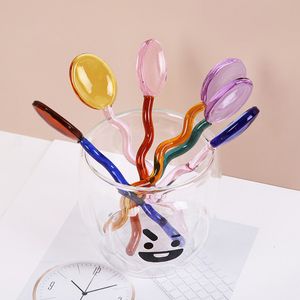 Coffee Scoops Creative Glass Milk Spoons Colored Transparent Coffee Dessert Stirring Spoon Long Handle Round Kitchen Tableware Stirrer Rod 230628