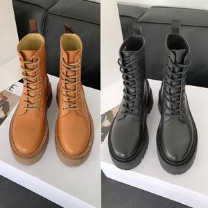 Boots Boots Luxury Designer Black Onkle Boots Ladies Lace Up Black Brown Leather Boots Short في الهواء الطلق أحذية قتالية للدراجات النارية 35-40 مع صندوق