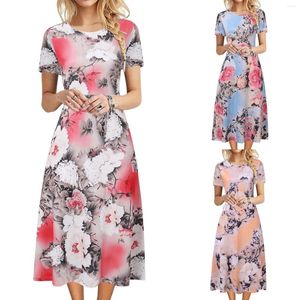 Casual Dresses Bohemian Floral Print Summer For Women 2023 Teens O Neck Short Sleeve Plain Fit T Shirt Loose Dress Vestido