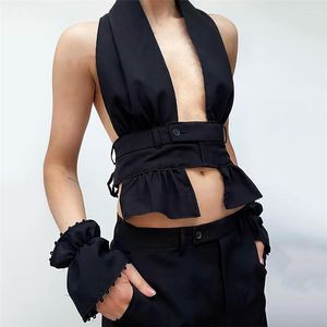 Regata feminina preta sem mangas colete com decote frente única sexy botão cinto com cadarço camisola sem mangas feminino streetwear 2023 verão