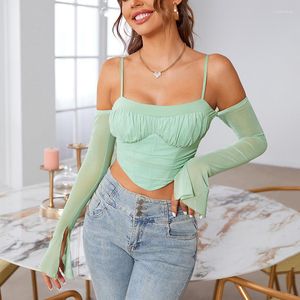 Женские майки Amazon Explosive USA Sexy Fashion Fishbone Crop Navel плиссированная сетчатая футболка жилет на подтяжках для женщин