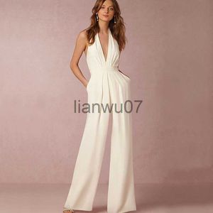 Женские комбинезоны Rompers Jumpsuit Women 2022 Sexy Polyester White Backless Wide Leg Pants Clothing без рукавов Элегантный женский летний комбинезон Rompers J230629