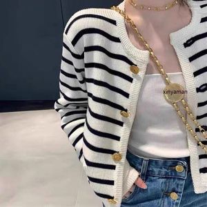 Women's Knits Fashion Black And White Striped Cardigan Sweater Coat Women Spring Autumn O-neck Single-breasted Short Knitted Top Female