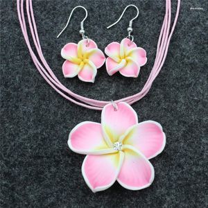 Necklace Earrings Set Girl Women's Fimo Flower Hawaii Plumeria Flowers Polymer Clay Pendant Gift