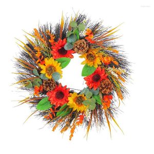 Decorative Flowers Pine Cone Sunflower Wreath Fall Decor Outdoor Front Door For Porch Farmhouse Home 40Cm