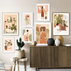 Abstract Fashion Girl Montera Wall Art Canvas Målning Natural Life Illustrationsaffischer och tryck vardagsrum hem dekoration cuadros