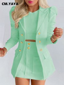 Dwuczęściowa sukienka CM. Yaya White Suit Kobiety Zestaw Blazer Pull Blazer z długim rękawem A-line mini spódnica Dwie 2-częściowe zestaw kombinezonu Conjunto Femenino 230629