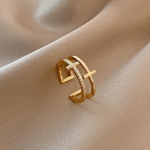 Cluster Rings Fashion Double Layer Cross Zircon Ring For Women Gold Silver Color Adjustable Finger Bling Coreano Elegant Jewelry Gift 230630