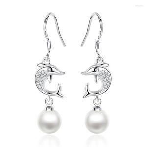 Baumelnde Ohrringe S925 Silber Ohrring Verspielter Delphin Perle Quaste Tropfen Für Frauen Hochzeitsgeschenk Dame Mädchen Modeschmuck