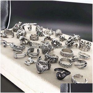 Band Rings 20Pcs/Lot Vintage Punk Antique Sier Color Metal Skl Snake For Men Women Mix Style Party Gifts Adjustable Opening Jewelry Otmlq