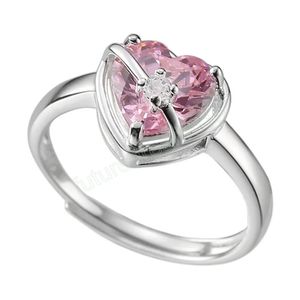 Korean Fashion Vintage Pink Zircon Love Heart Rings For Women Girls Aesthetic Jewelry Wholesale Accessories