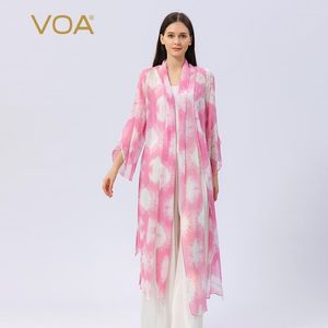 Women's Trench Coats VOA Sweet Hand-painted Pink Dobby Loose With Sashes Thin Simple Scarf Collar Long Sleeve Elegant Woman Autumn FE170