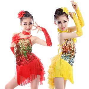 Stage Wear Girls Salsa Fringe Kids Dance Costume Sequin Dress Child Children's Sequined Red Gold Skirt Ballroom203o
