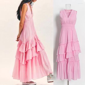 Casual Dresses Women's Summer Dress 2023 Pink V-Neck Straw Braid Suspender Lace Lay On Peplum Temperament