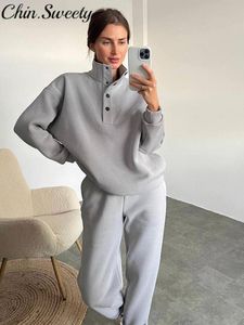 Women's Tracksuits Chin Sweety Fleece Sweatshirt Sets Casual Buttons Stand Collar Loose Pullover High Waist Sports Pants Two Piece 230630