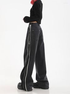 Женские джинсы на боковой молнии с широкими штанинами в винтажном стиле с разрезом, женские свободные прямые дизайнерские нишевые уличные брюки Y2k, модная одежда с талией