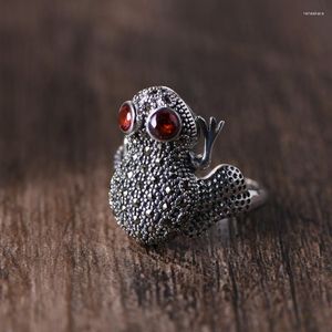 Cluster Rings FNJ 925 Silver Ring for Women Jewelry Original Pure S925 Sterling Animal Toad Red Zircon