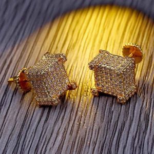 Bling Screw Back Square Zircon Stud Earrings for Men Real Gold Silver Plated Mens Diamond Earrings Luxurious Hip Hop Man Male Ear Jewelry With Jewelry paty