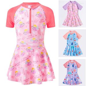 Women's Swimwear 3-14 Years Fairies Print Girls One Piece Swimsuit Skirt With Shorts Zipper Front Children's 2023 Bathing Suit Beachwear