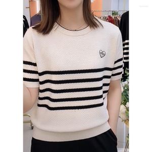 Women's Sweaters 2023 Spring/Summer Boutique Cashmere Embroidery Pullover Striped Short Sleeve O-Neck Fashion Soft