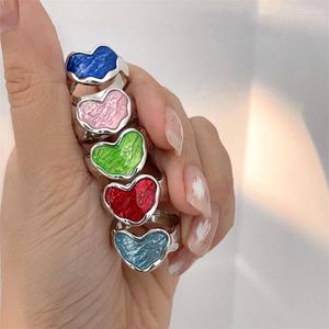 Cluster Rings Fashion Silver Color Open Finger Ring Smalto Verde Rosso Blu Rosa Cuore Amore per le donne Ragazza Gioielli Regalo Dropship all'ingrosso