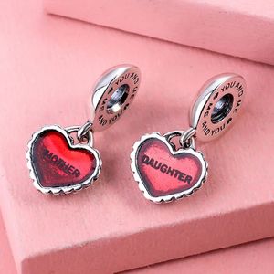 Heißer Verkauf, hochwertiges 925er Sterlingsilber, Stück meines Herzens, Mutter und Tochter, baumelnde Designerperle mit roter Emaille, passend für europäische Pandora-Charm-Armbänder, Partygeschenke