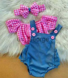 Zestawy odzieży Baby Girl Summer Ubrania moda nowonarodzone niemowlę w kratę z krótkim rękawem topy dżinsowe romper opaska 3pcs dla strojów maluchów J230630